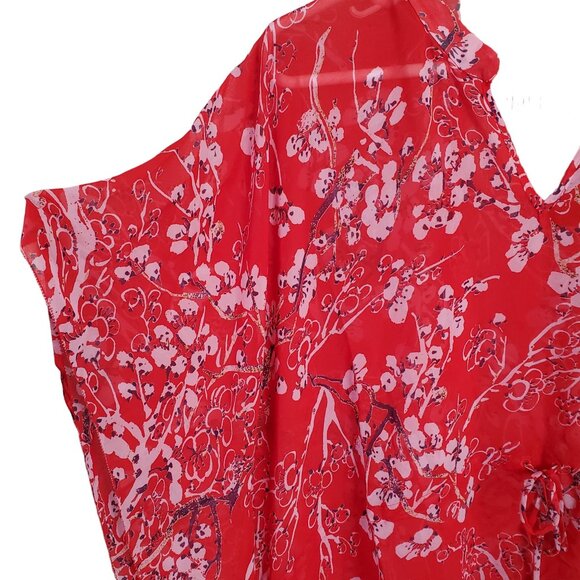 Vivienne Tam NWT Size 1X Blouse Semi Sheer Popover Cover-up Flutter Floral Red - Picture 7 of 12